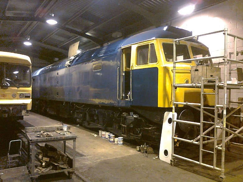 47367 louvers over the radiators now in BR blue and boiler room roof in undercoat blue, Photo by Andre Kent