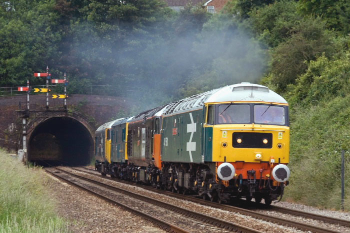 47580 emerges from Rainbow Hil Tunnel Worcester with 50135, 73006 & 50026 on 0M47 11:06 Long Marston - Tyesely on 09/06/09, Photo by Steve Tucker