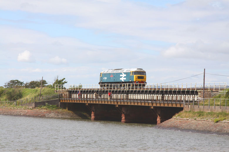 47580 crosses the river Esk with light engine Carnforth-Ravenglass on 17/07/10, Photo by Simon Kerry