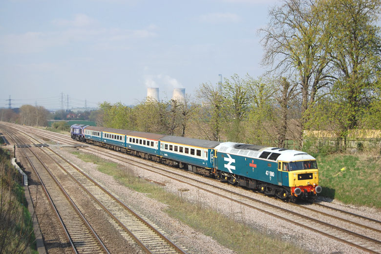 47580 passes the site of Kegworth station on the Midland Main Line with 1Z28 14:46 Derby on 16/04/10, Photo by Andrew Ward