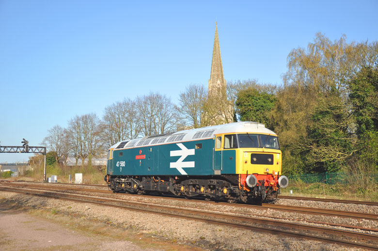 47580 passes St Mark's Church, Swindon with a light engine move from Bristol shadowing GWR 175 BRISTOLIAN steam charter on 17/04/10, Photo by Steve King