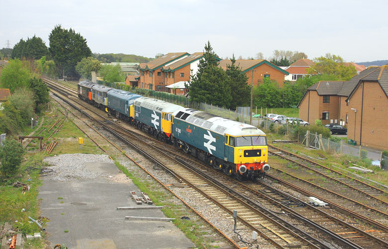 47580 approaches Wareham with 56101, 45133, 31271, & 50135 with 0Z56 08:30 Kidderminster-Swanage on 05/05/10, Photo by Mark Jamieson