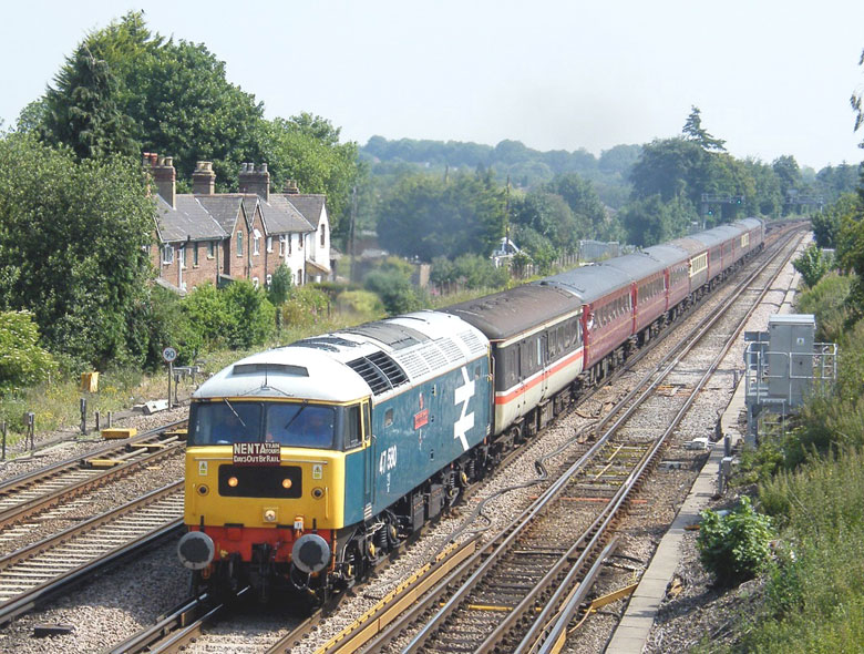 47580 approaches Worting Junction with 1Z74 05:18 North Walsham - Swanage on 26/06/10, Photo by Martin Butler
