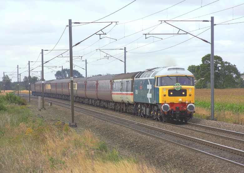 47580 heads north along ECML at North Muskham with 1Z51 05:05 Norwich-Carlisle on 07/08/10, Photo by Phil Sangwell