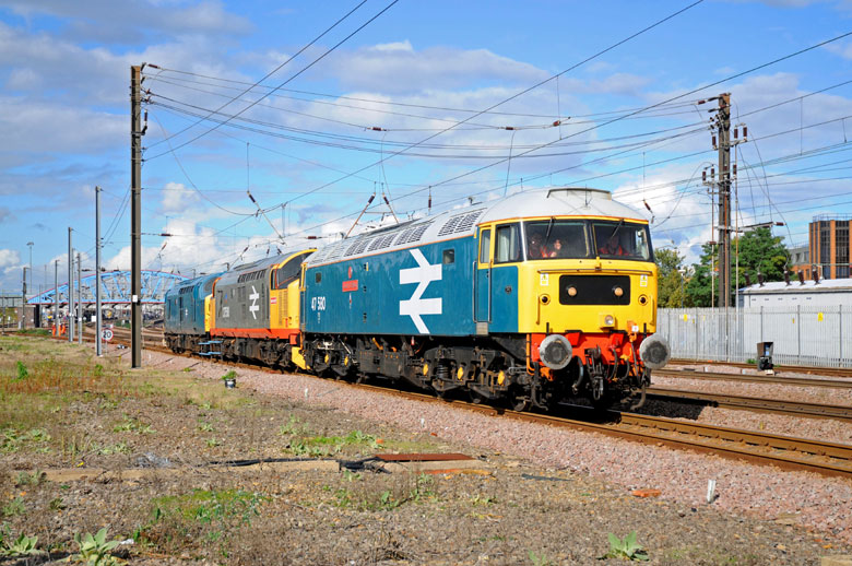47580 at Peterborough with 37518 and 37109 heading towards Fletton Jn. to gain access to the NVR on 06/10/10, Photo by James Welham