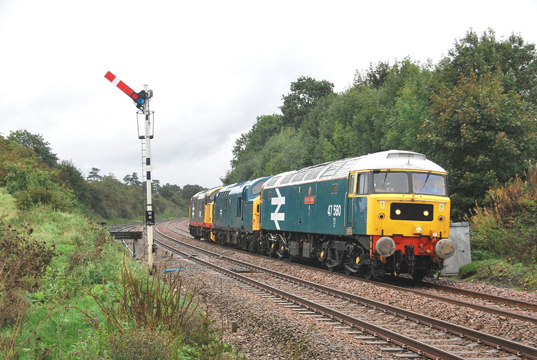 47580 departs Wymondham with 0Z41 10:36 Wymondham-Fletton Jn 37518 and 37109 in tow on 06/10/10, Photo by Colin Makcrow