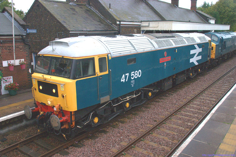 47580 departs Wymondham with 0Z41 10:36 Wymondham-Fletton Jn 37518 and 37109 in tow on 06/10/10, Photo by Geoff Tibble