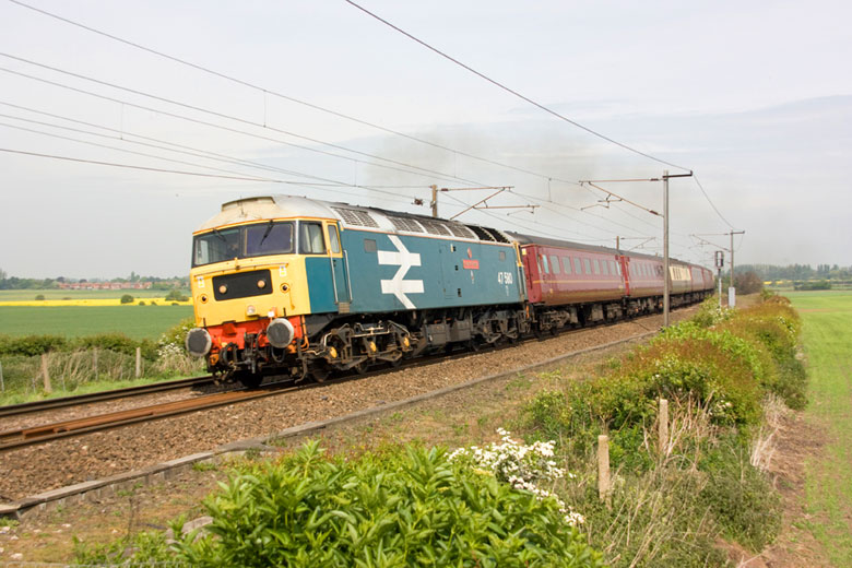 47580 passes Eaton Lane with south bound 5Z21 06:15 Carnforth - Norwich ECS on 06/05/11, Photo by Derek Wilson