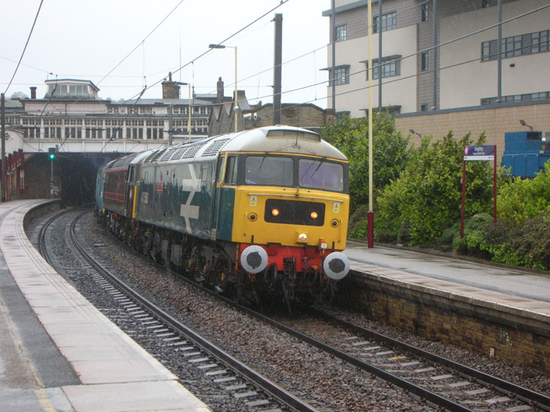 47580 departs Keighley 0Z25 13:34 Keighley-Carnforth with 47715 and 55019 in tow on 23/05/11, Photo by Andrew Wade