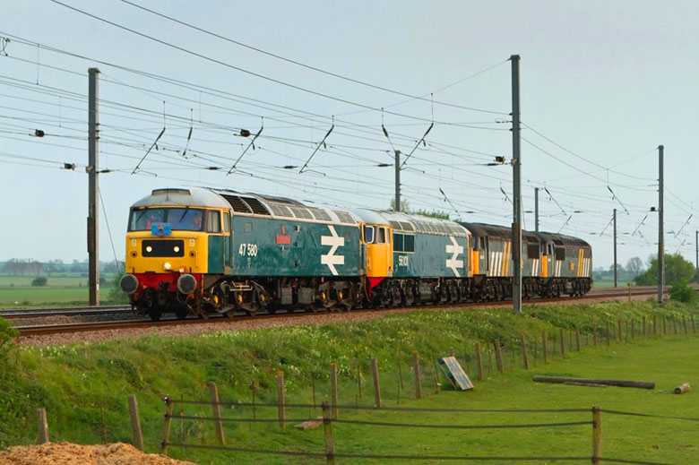 47580 at passes Besthorpe towing 56101 on 0Z56 1030 Dereham - Barrow Hill on 20/04/11, Photo by Colin Makcrow