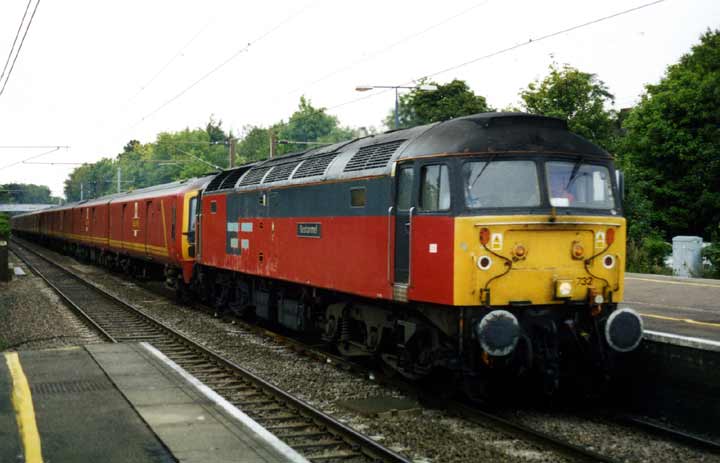 47732 passes through Harpenden with 1A98 Warrington - Willesden Railnet on 28/08/03, Photo by Tim Easter